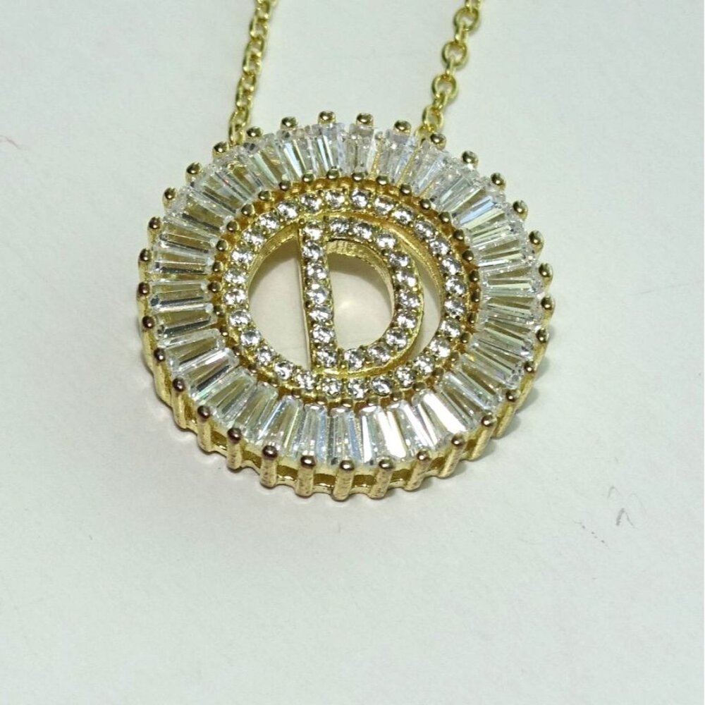 Gold Plated Initial "D" Pendant Necklace With Cubic Zirconia Stones On Fine Chai